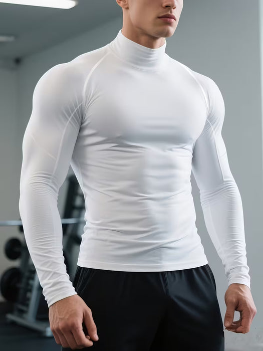 Camiseta de fitness elástica de secado rápido para hombre de entrenamiento de manga larga de cuello alto