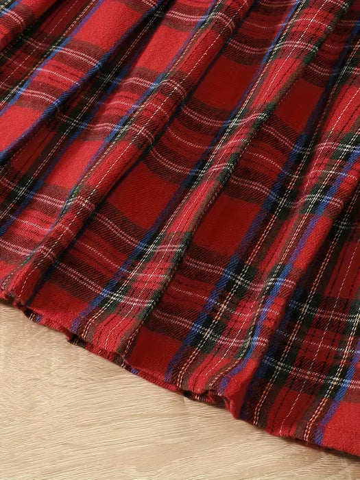 Conjunto de moda para niñas Gift Belt: cárdigan corto Ted + vestido de cuadros escoceses