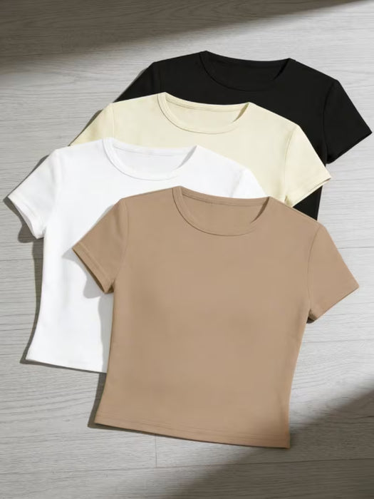 4 Camisetas de Manga Corta y Cuello Redondo, Color Sólido, Sencillas, Cómodas y Casuales