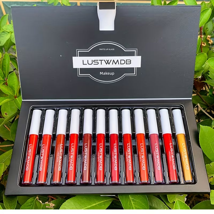 Set de 12 Brillos Labiales Brillantes en Caja Dorada con Fórmula Impermeable y de Larga Duración