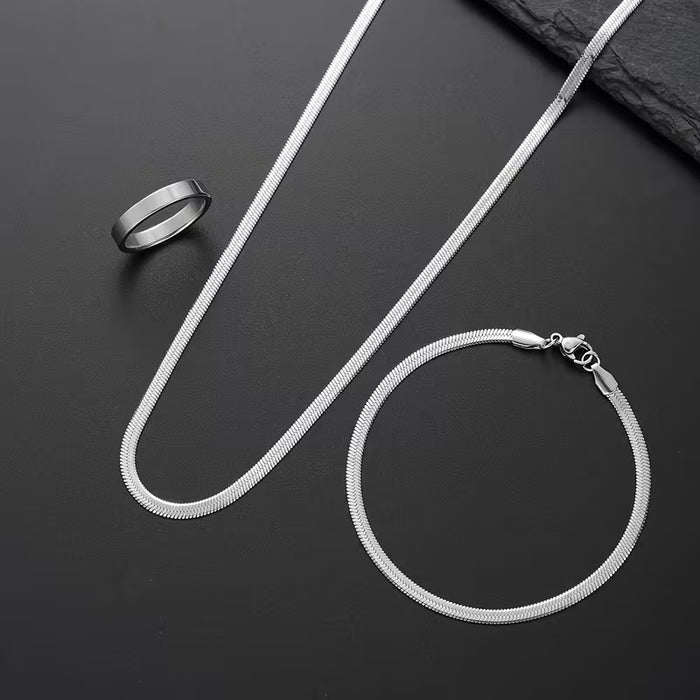 Juego de 3 piezas: Pulsera, collar y anillo de cadena de serpiente de acero inoxidable minimalista