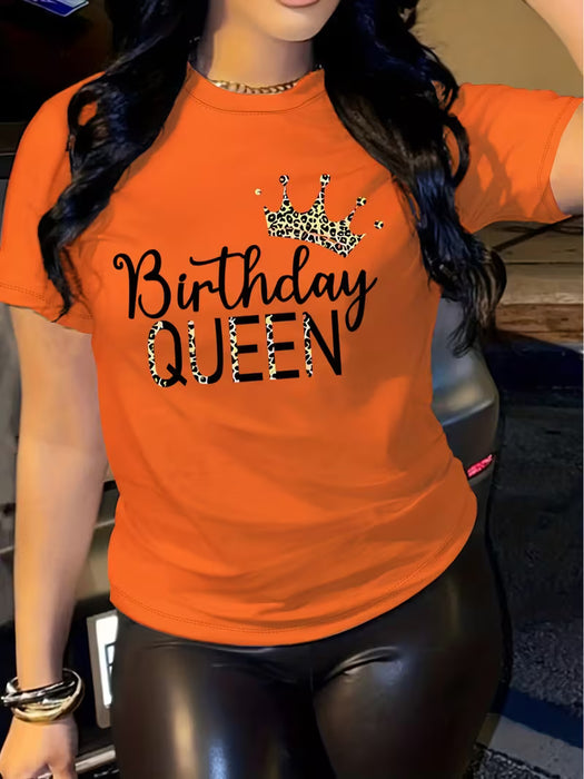 Camiseta de Mujer "Reina de Cumpleaños" con Corona Dorada y Estampado de Leopardo