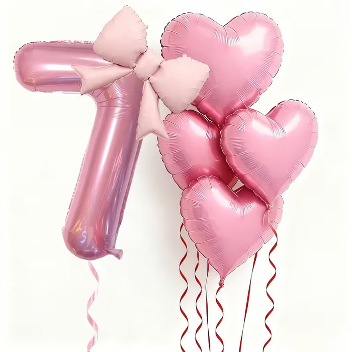Juego de 6 globos de fiesta rosas con lazo y número con globos de corazón para fiesta de cumpleaños