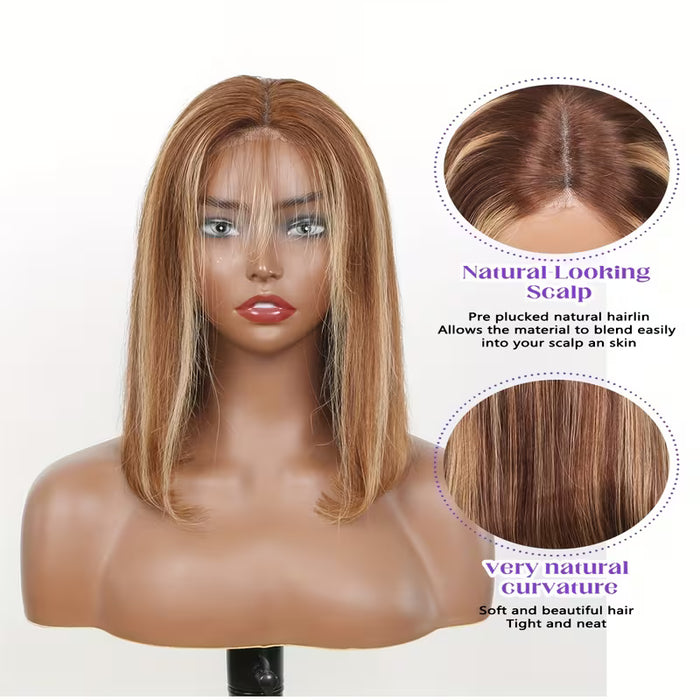 Peluca Bob Corta para Mujer con Mechas Rubias/Marrón Natural de Cabello Semi-Humano DE 10 inch