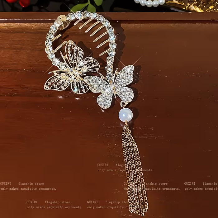 Pinza para el cabello con un diseño de mariposa de diamante, perlas huecas y borlas, perfecta para sujetar un moño