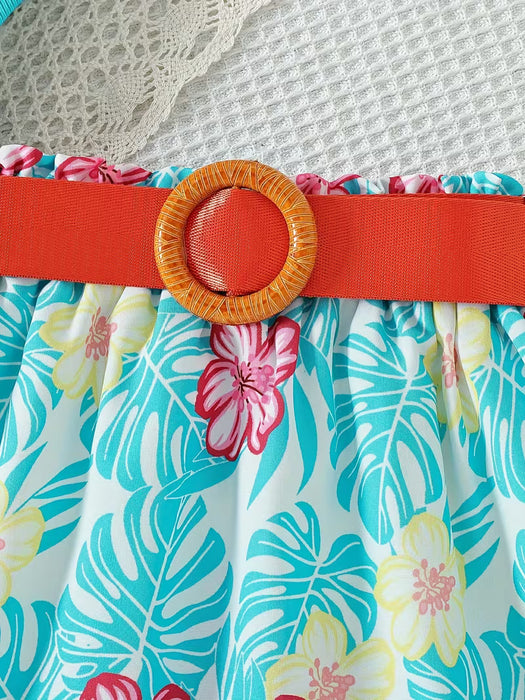 Conjunto de verano para niña: top asimétrico de tirantes y falda tropical