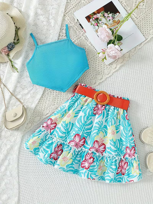 Conjunto de verano para niña: top asimétrico de tirantes y falda tropical