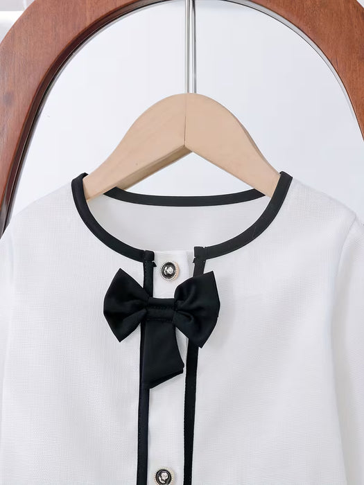 Conjunto dulce y elegante de 2 piezas para niñas: blusa de tweed de manga larga con botones