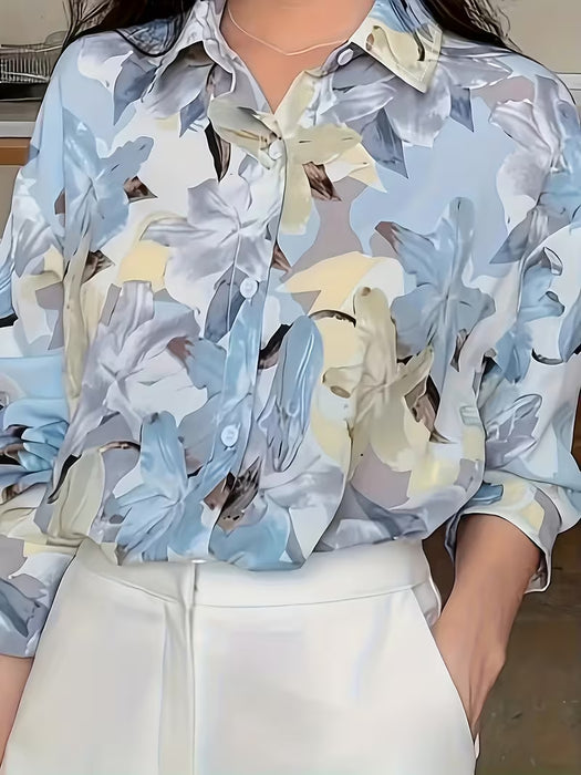 Elegante Camisa con Estampado Floral Azul y Blanco, Botones al Frente para mujer