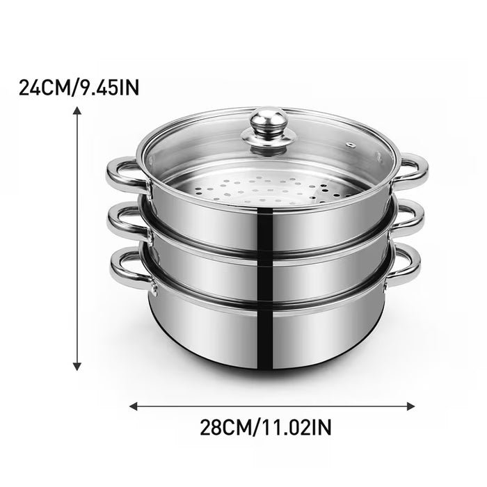Olla de vapor de acero inoxidable de 3 capas con tapa de 28 cm