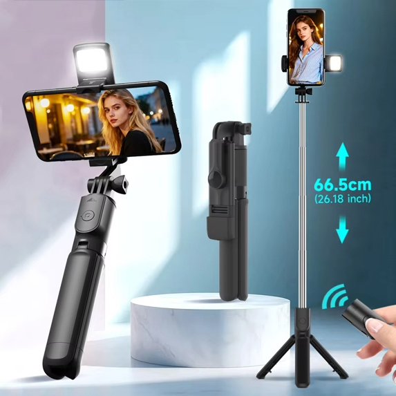 Trípode con palo selfie Bluetooth, control remoto inalámbrico desmontable y luz LED ajustable