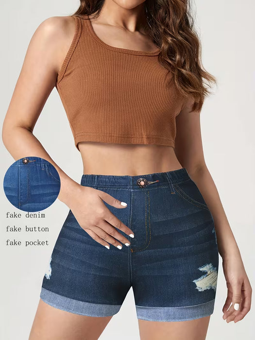 Pantalones Cortos de Estampado Denim Falso con Bolsillos Decorativos