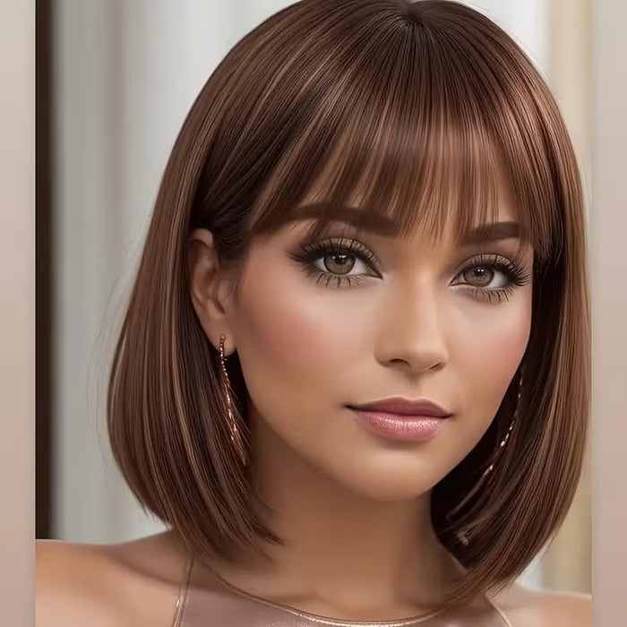 Peluca de mujer de pelo liso color burdeos corte bob pulgadas con flequillo