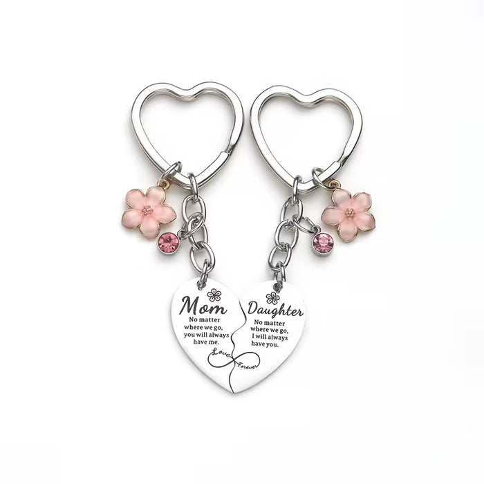 2 piezas de llaveros con corazón colgante de flores y diamantes de imitación - "Mamá" y "Hija"