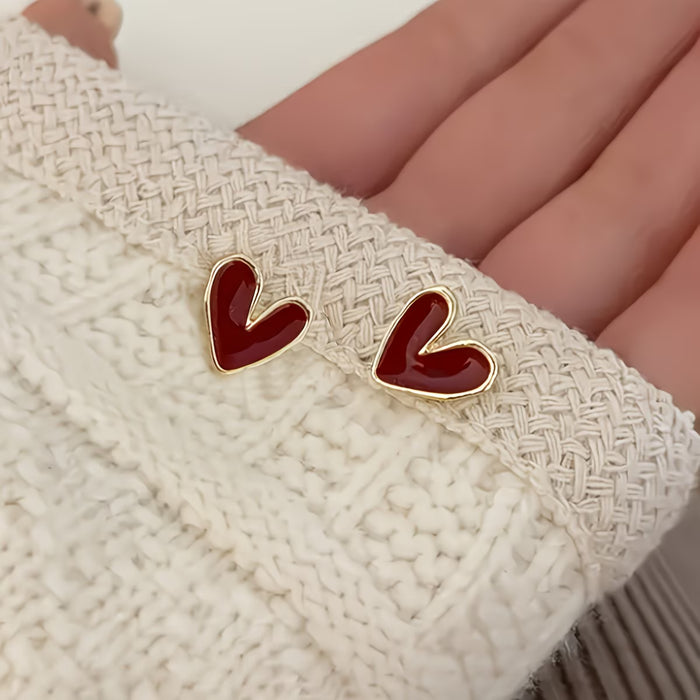 1 Par de Pendientes de Botón Elegantes con Corazón Rojo para Mujeres