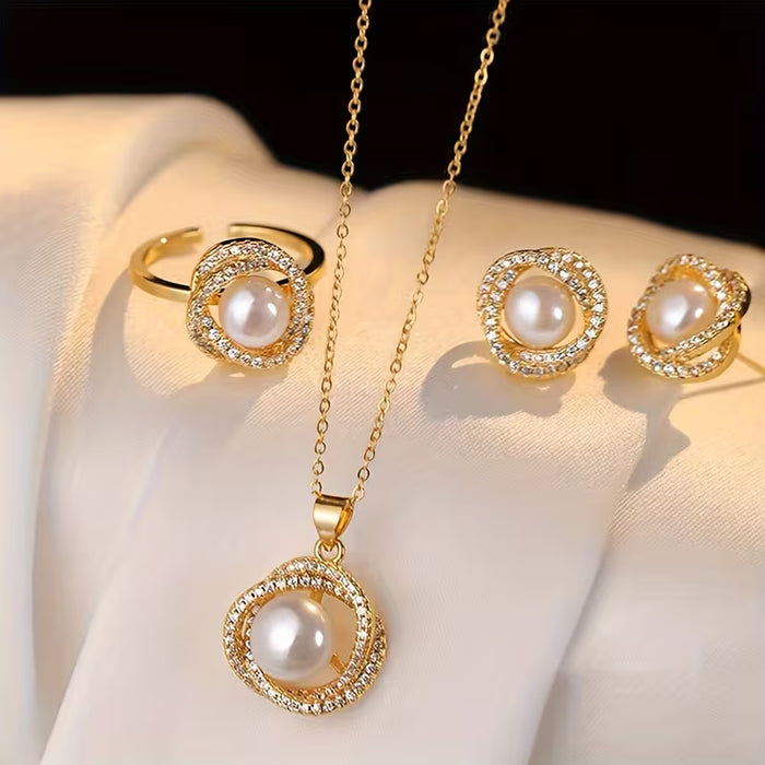 Juego de 4 piezas de Collares, Anillos y Pendientes de Perlas de Imitación Lujosos, Elegantes y
