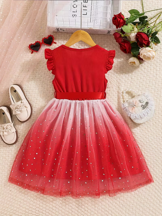 Vestido de verano para niña con manga de volantes, cuerpo de canalé