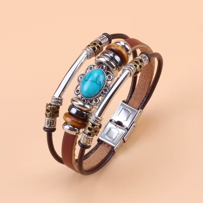 Pulsera de cuero sintético con cuentas turquesa retro, pulsera de correa