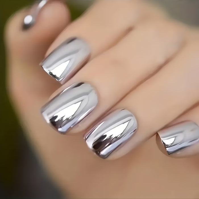 24 uñas postizas medianas squoval, Uñas postizas acrílicas brillantes plateadas tipo espejo