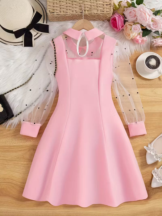 Un elegante vestido de manga larga para niñas, cuello y combinación de malla