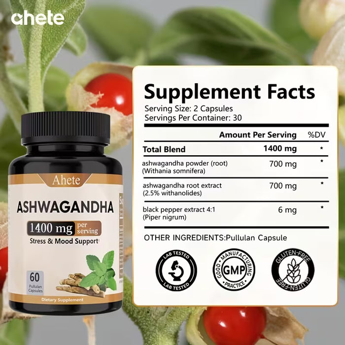 Extracto de Raíz de Ashwagandha 1400mg, Suplemento para Relajación y Apoyo del Ánimo