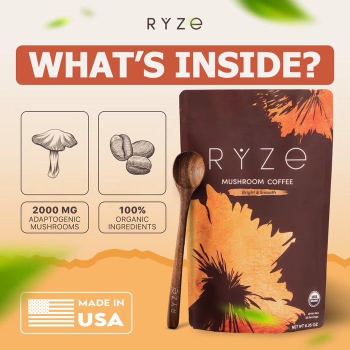 RYZE SUPERFOODS Café con sabor a champiñones, tostado medio, orgánico certificado por el USDA, con 6 hongos adaptógenos
