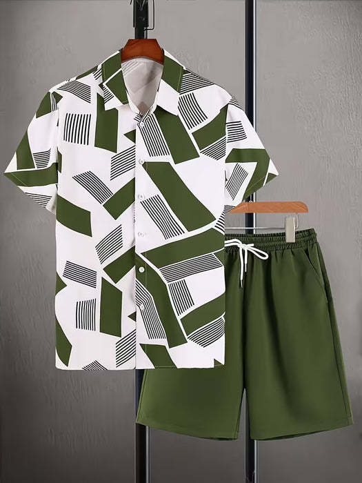 Conjunto de camiseta de manga corta estampada y shorts con bolsillo de hombre