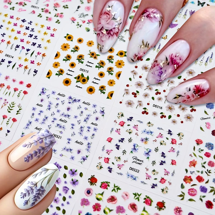 Set de 30 hojas de calcomanías 3D florales para uñas con diseños modernos