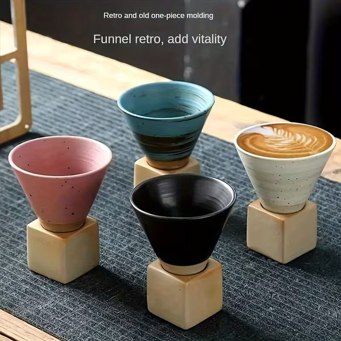 1 taza de cerámica japonesa rústica de 100 ml con soporte color negro