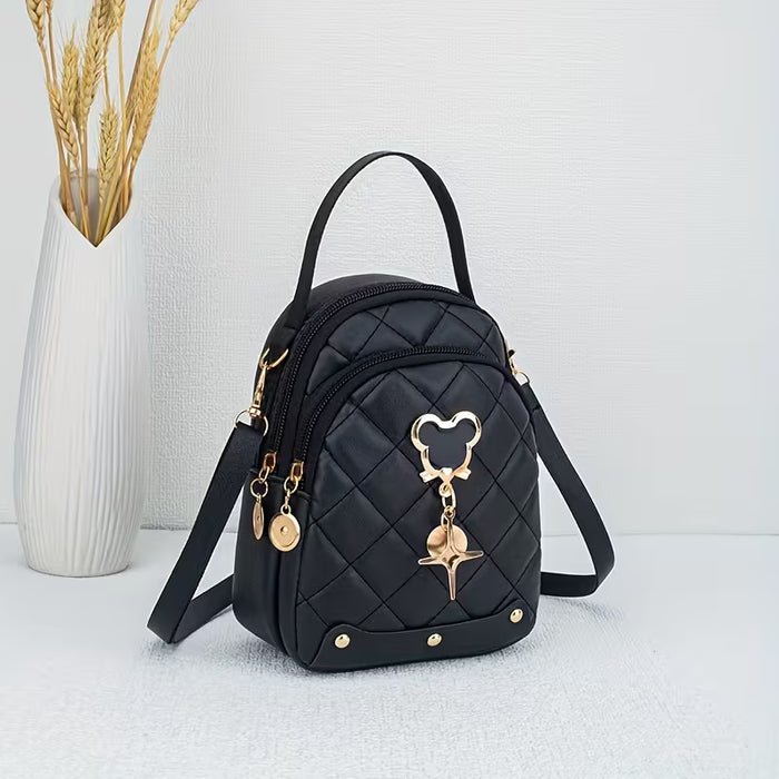 Mini Mochila de moda con diseño de diamantes y un moderno bolso tote de doble cremallera