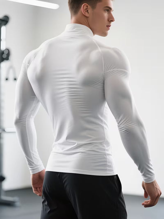 Camiseta de fitness elástica de secado rápido para hombre de entrenamiento de manga larga de cuello alto