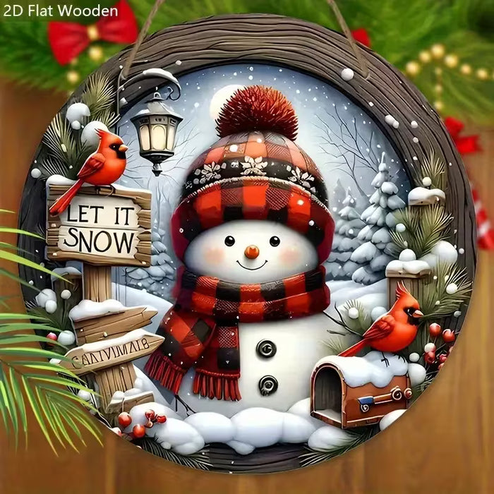 1 Letrero Navideño de Madera con Muñeco de Nieve Festivo y Pájaro Rojo, Adorno Circular