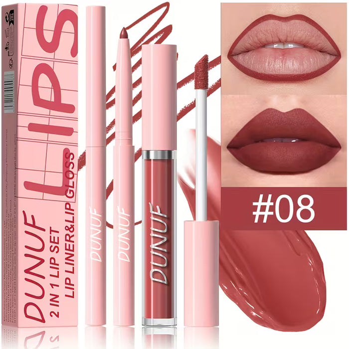 Set 2 en 1 de Lápiz Labial y Brillo Labial Mate Aterciopelado, Duradero