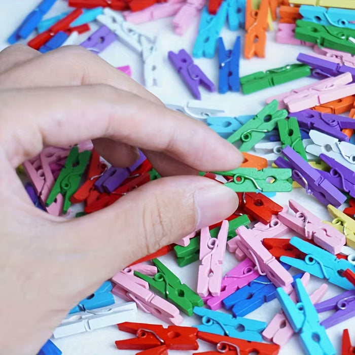 100 Mini Clips de Madera, Soporte de Exhibición Colorido