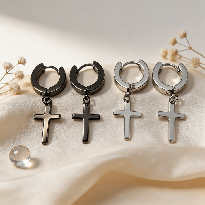 2 Pares de Aretes de Aro con Colgante De Cruz