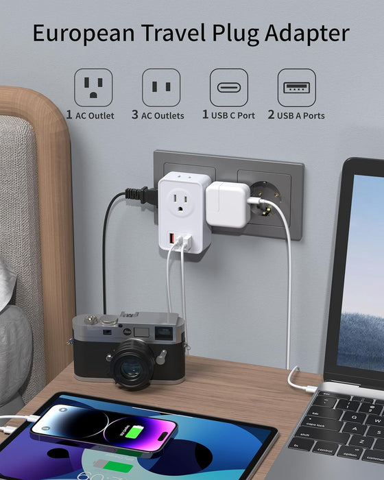 Adaptador de enchufe de viaje europeo, 3 cargador USB (1 puerto USB C) - Quierox - Tienda Online
