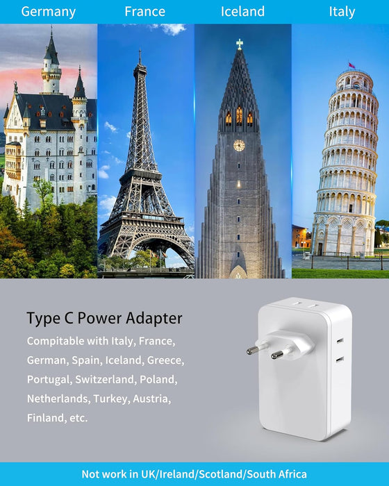 Adaptador de enchufe de viaje europeo, 3 cargador USB (1 puerto USB C) - Quierox - Tienda Online