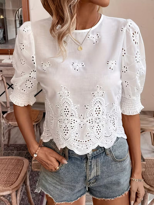 Blusa Elegante de Mujer con Bordado Floral - Top Ligero de Encaje y Manga Corta
