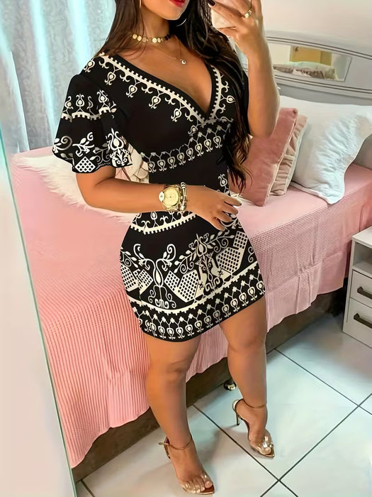 Vestido estampado con cuello en V para mujer de uso casaul