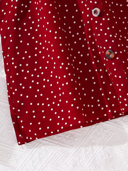 Vestido para niñas, rojo vino con lunares, con botones, manga volante pequeña, cuello en V