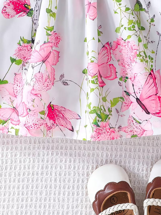 Vestido de verano para niña, mangas con volantes y adorno de lazo en la cintura