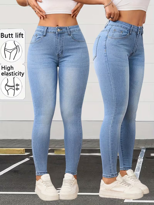 Pantalones skinny de mezclilla elástica azul claro con textura retro lavada