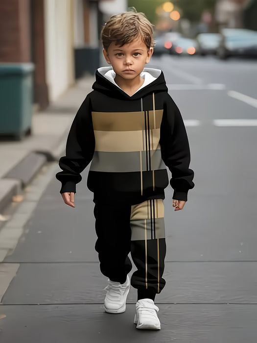 Conjunto casual de sudadera con capucha y pantalón deportivo para niño con estampado de rayas