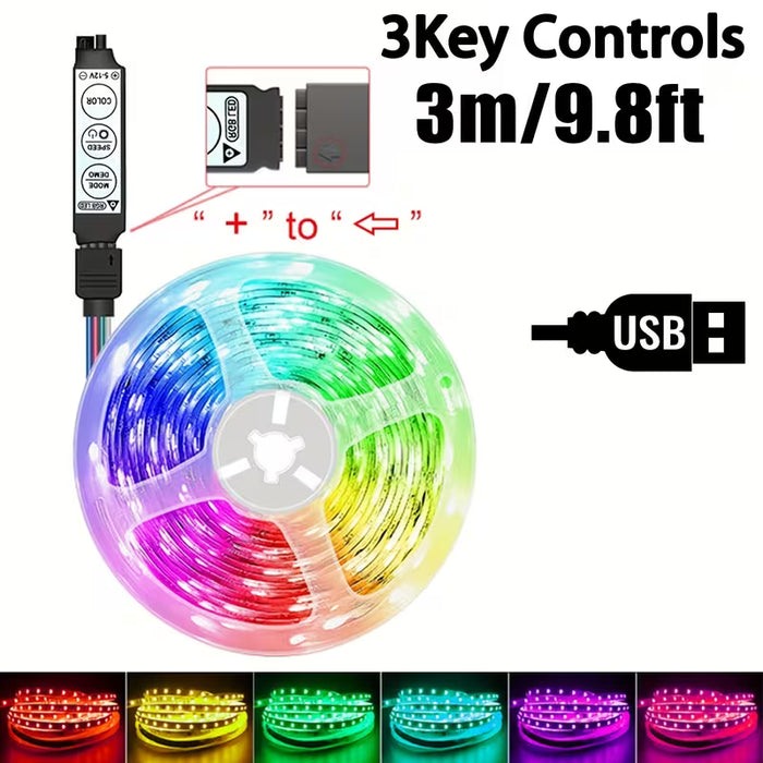 Tiras de luces LED RGB de 3m USB multicolor cambiantes con mini controlador
