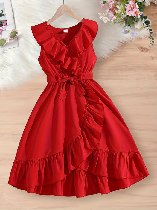 Vestido sin mangas con volantes en el cuello en V para niñas, cómodo
