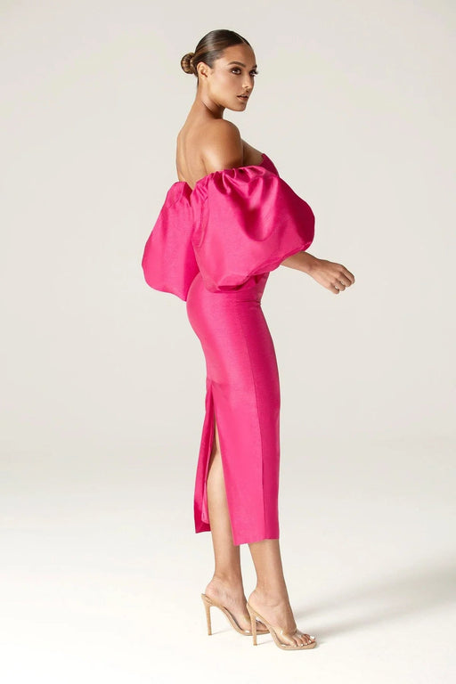 ALIAVA Vestido largo Tiffany Dupioni con mangas abullonadas (rosa fucsia) - Quierox - Tienda Online