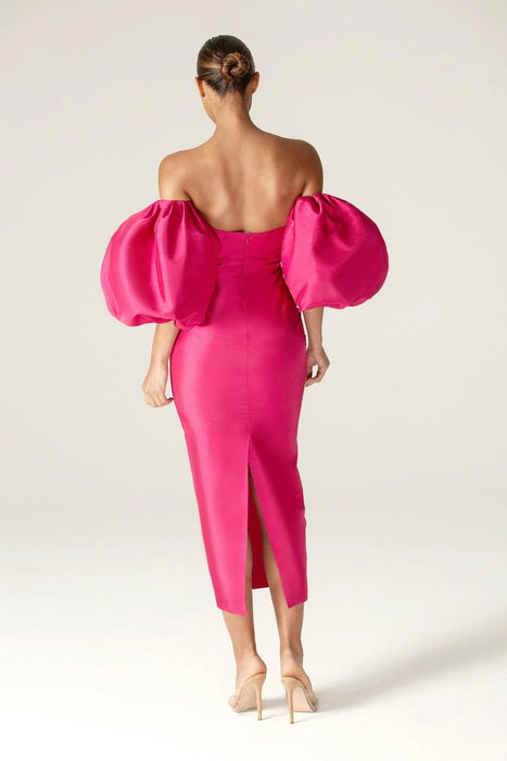 ALIAVA Vestido largo Tiffany Dupioni con mangas abullonadas (rosa fucsia) - Quierox - Tienda Online