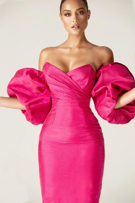 ALIAVA Vestido largo Tiffany Dupioni con mangas abullonadas (rosa fucsia) - Quierox - Tienda Online