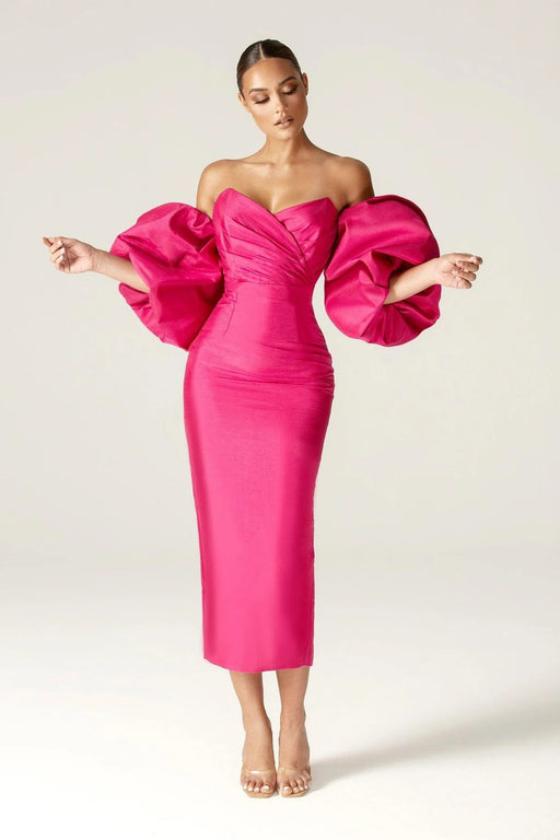 ALIAVA Vestido largo Tiffany Dupioni con mangas abullonadas (rosa fucsia) - Quierox - Tienda Online