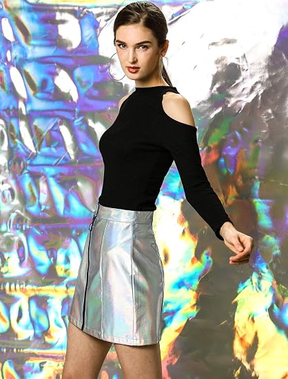 Allegra K minifalda metálica, brillante, holográfica de cintura alta con cremallera para mujer - Quierox - Tienda Online